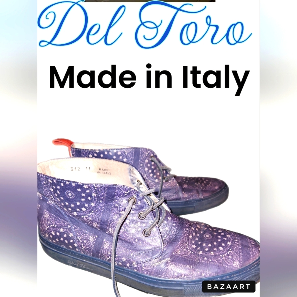 Del Toro Italian leather Chukkas with blue paisley print RARE